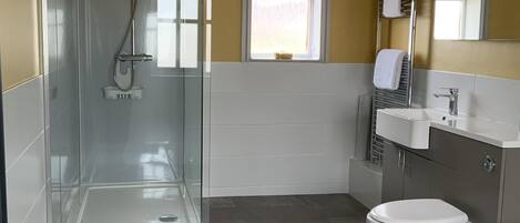 Un baño moderno con cabina de ducha de vidrio, un inodoro, un lavabo y un espejo.