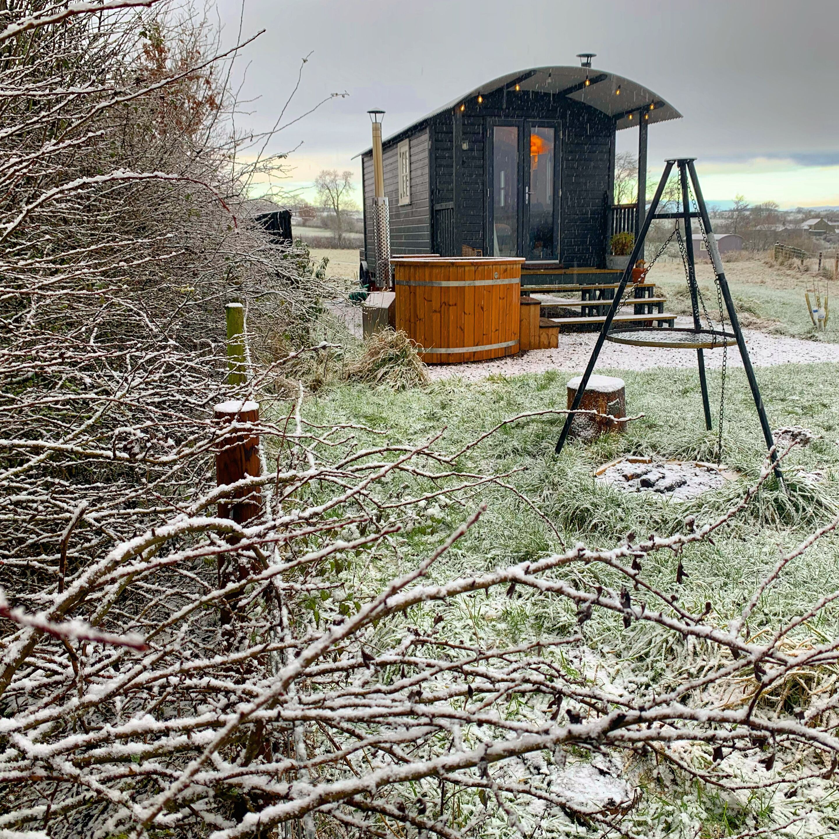 A rustic wooden cabin with a porch and a swing set, surrounded by snow-covered branches and a grassy field.