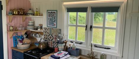 A kitchen with a stove, sink, and window overlooking a garden.