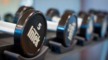 A row of dumbbells with the brand 'Intek' and weight markings, arranged on a rack.
