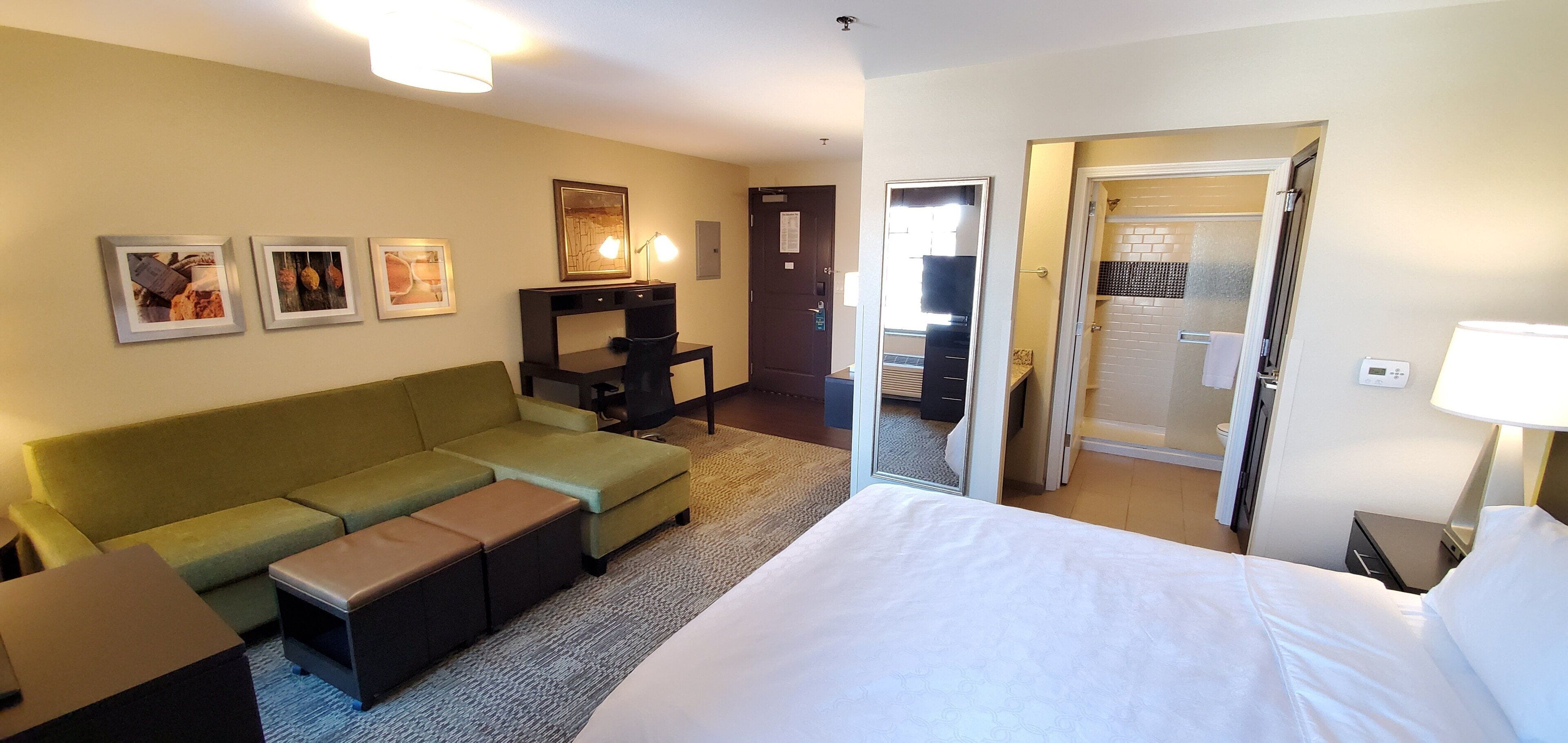 Een hotelkamer met een bed, een slaapbank, een bureau en een douche.