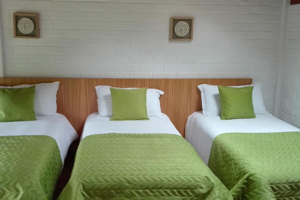 Habitación triple Premium, 3 camas individuales, baño privado, en la zona del jardín | 1 dormitorio, ropa de cama de alta calidad, escritorio y cortinas opacas