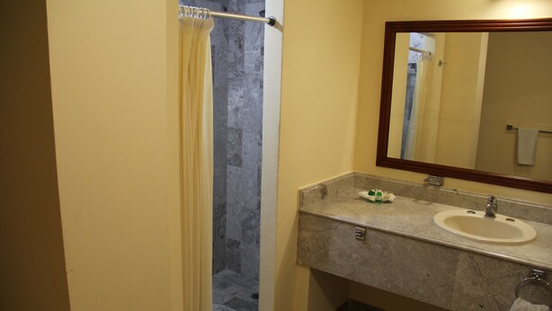 Un baño con ducha, lavamanos y espejo.