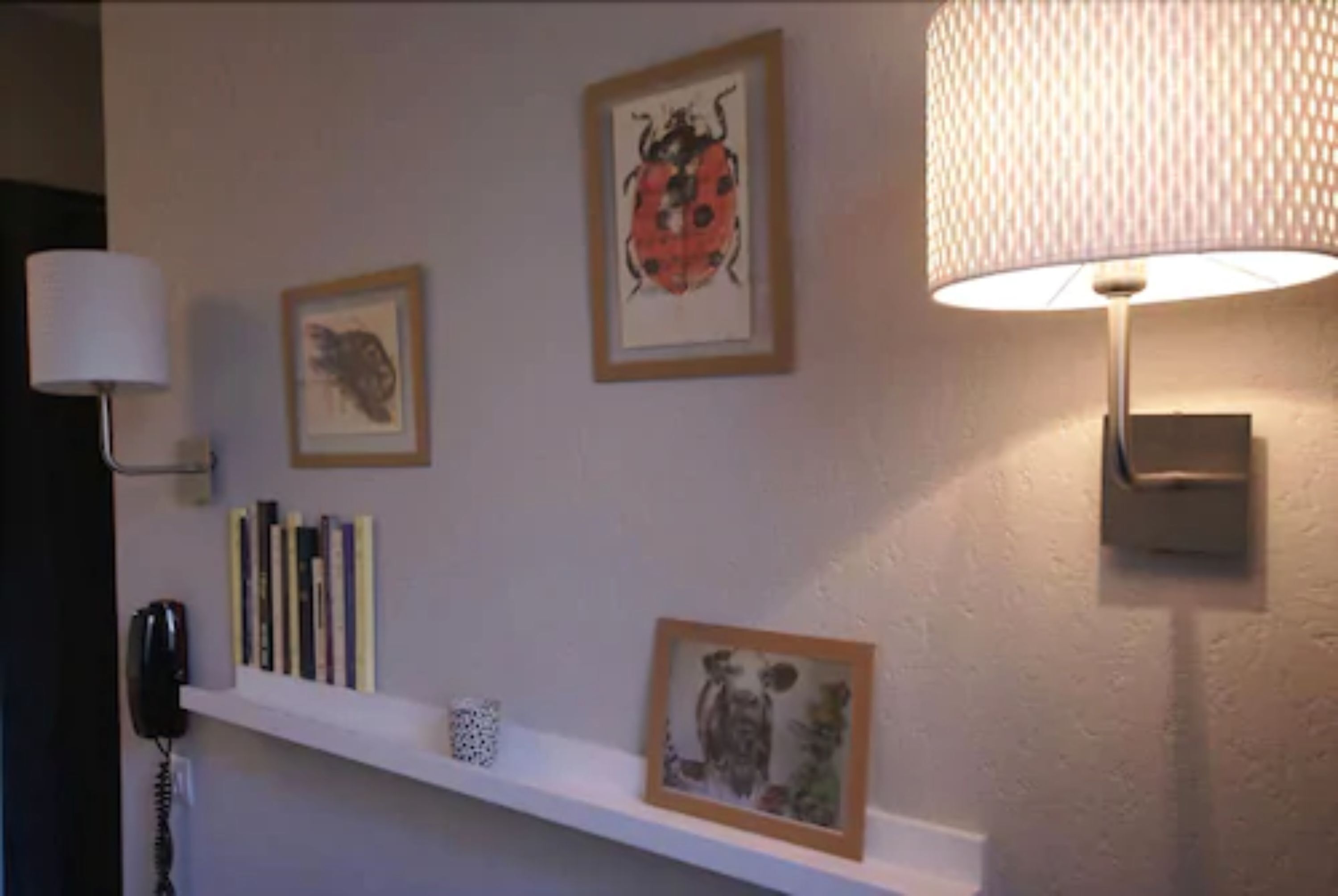 Een muur met ingelijste kunstwerken, een plank met boeken en een lamp.