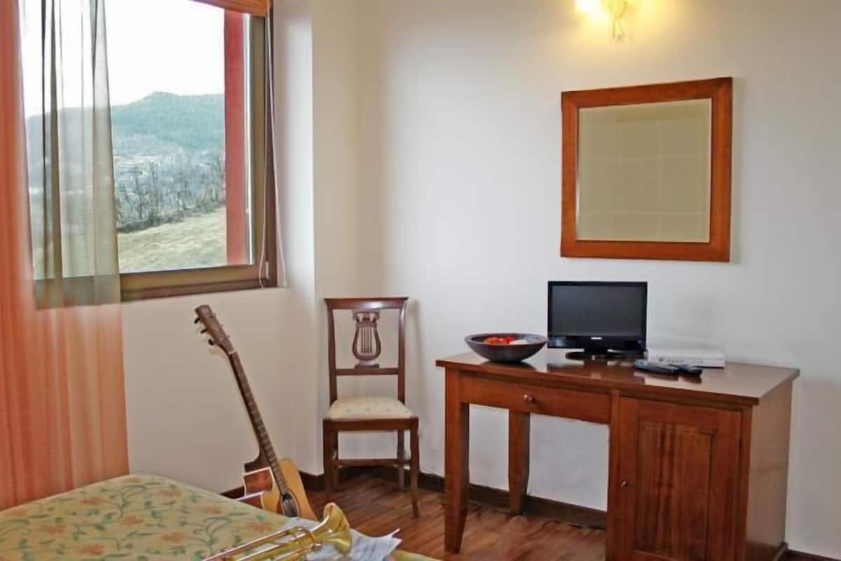 Una habitación con una cama, una guitarra, un televisor y un escritorio con un cuenco.