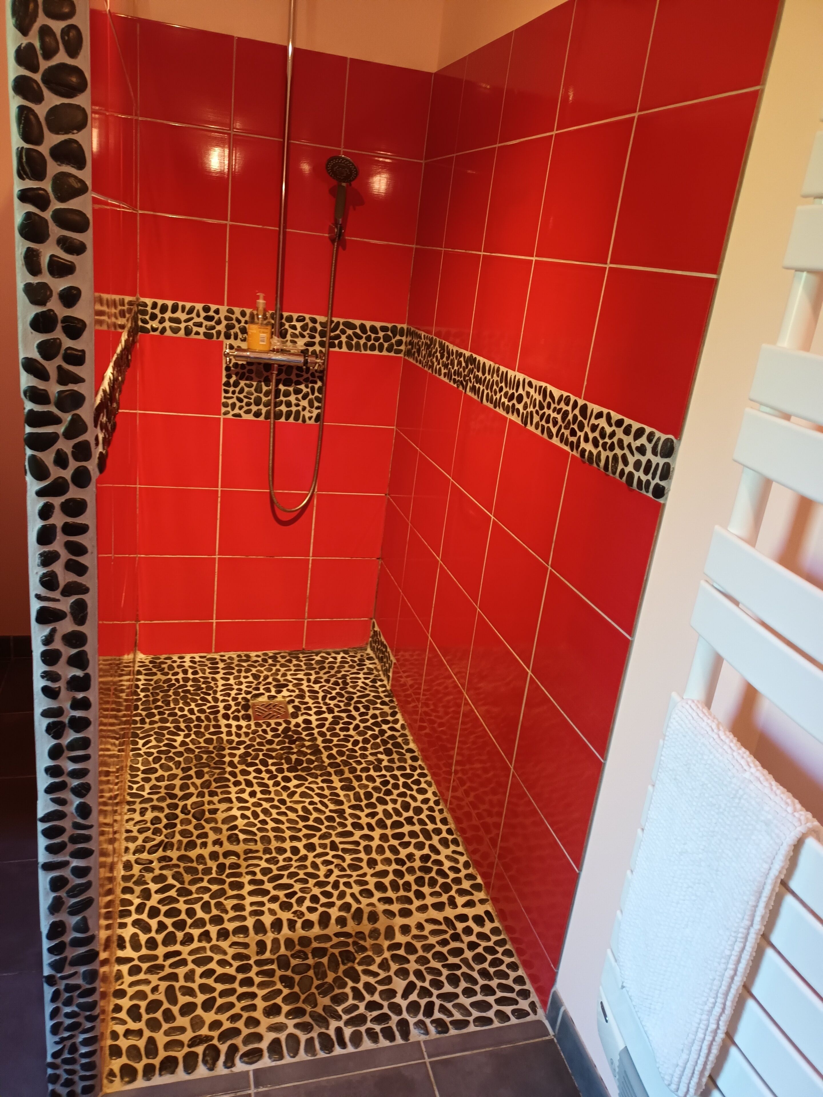 Une douche avec des carreaux rouges et une bordure à motifs de girafe.