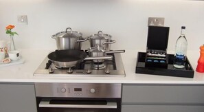 Grand réfrigérateur, micro-ondes, plaque de cuisson, lave-vaisselle