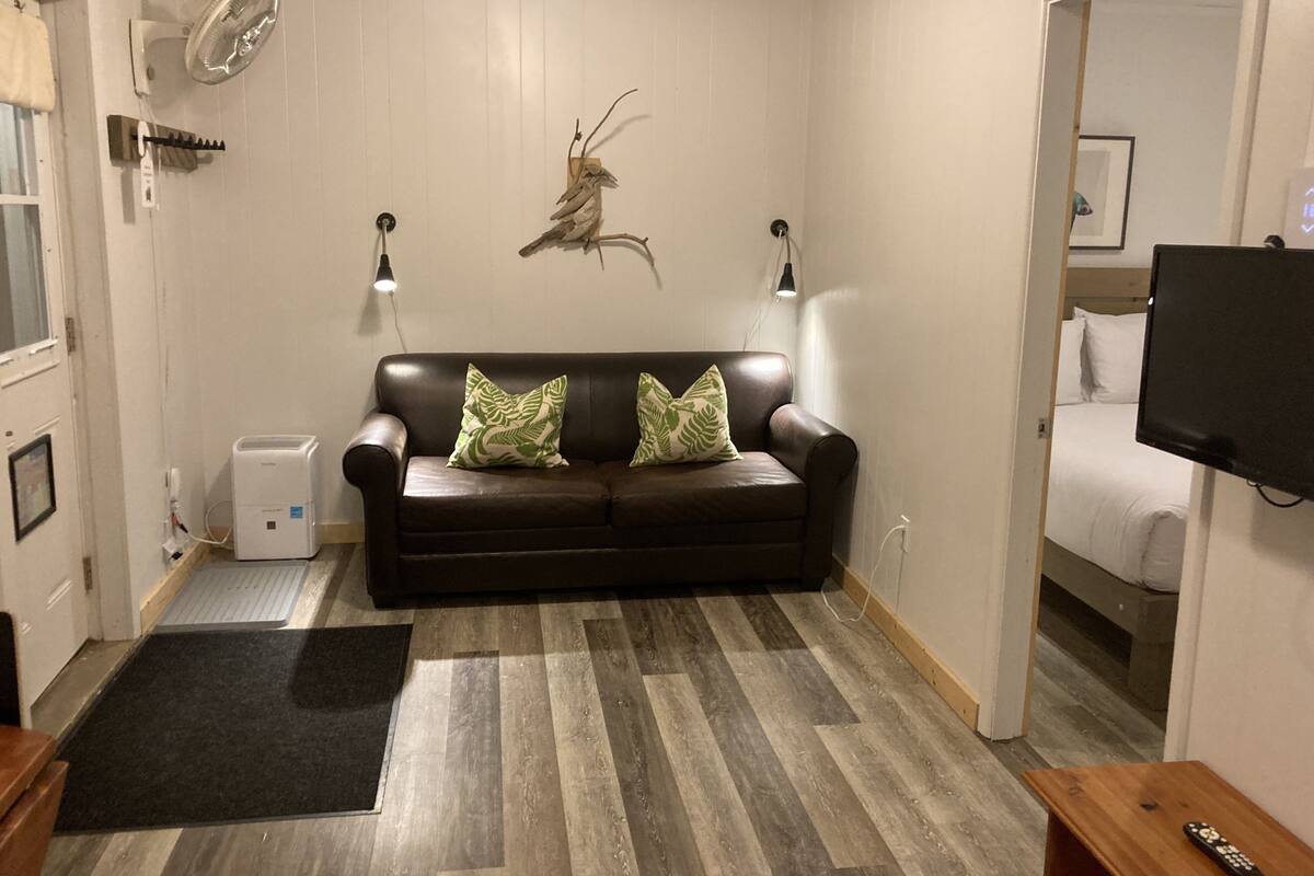 Una sala de estar con un sofá de cuero marrón oscuro, dos almohadas estampadas con hojas verdes, un ventilador montado en la pared y un televisor de pantalla plana.