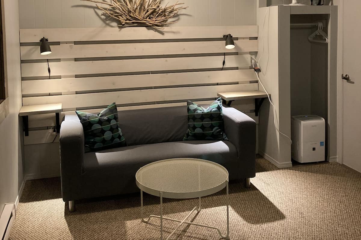 Una habitación acogedora con un sofá gris, dos almohadas estampadas, una mesita redonda y una decoración de rama en la pared.