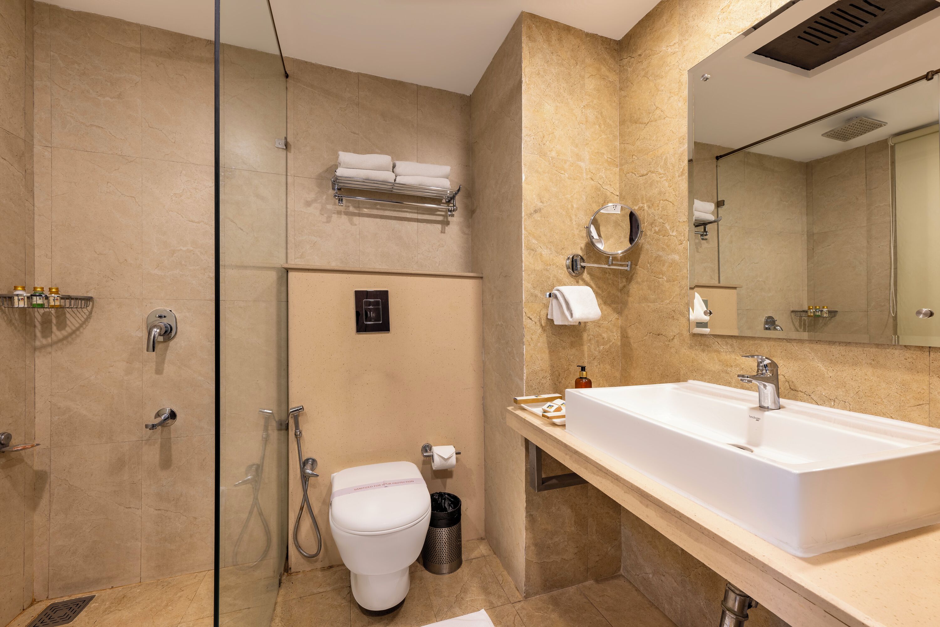 free toiletries, hair dryer, slippers, towels