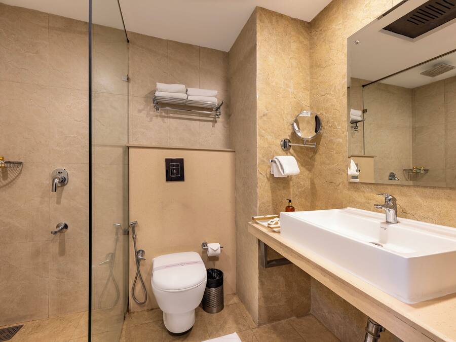 Une salle de bain moderne avec un grand lavabo, des toilettes, une douche et un miroir.