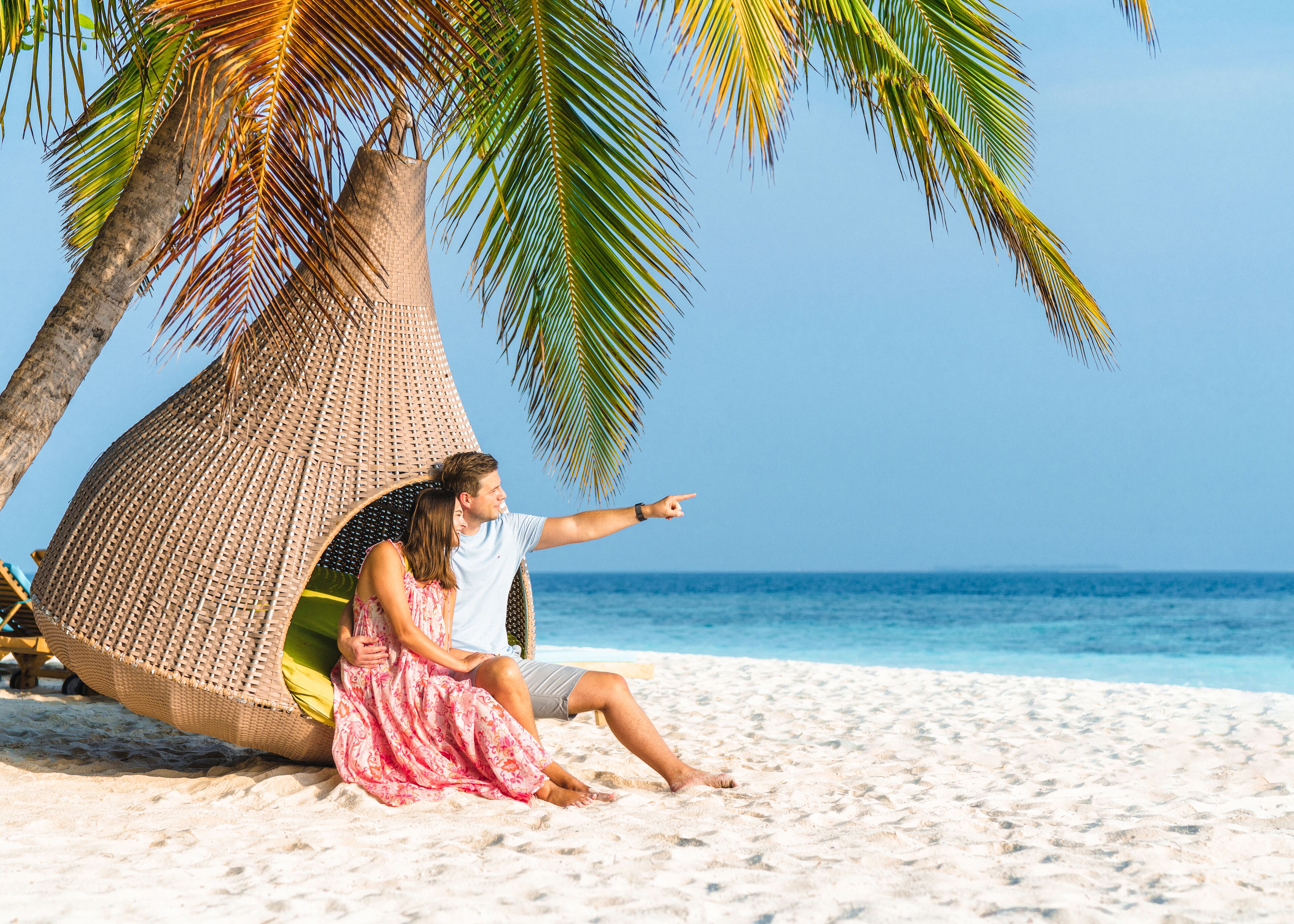A couple sitting on a beach chair under a palm tree, with the ocean in the background.
