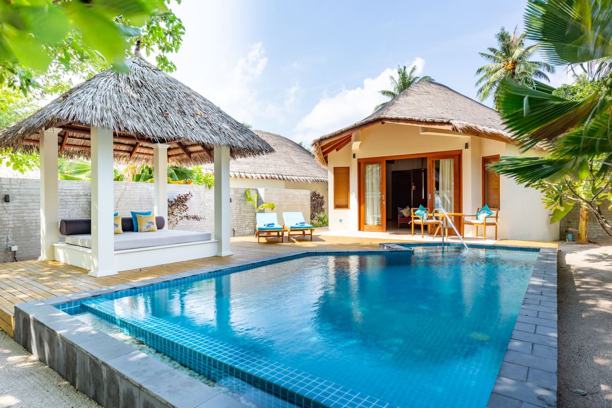 A swimming pool with lounge chairs and a thatched-roof structure.