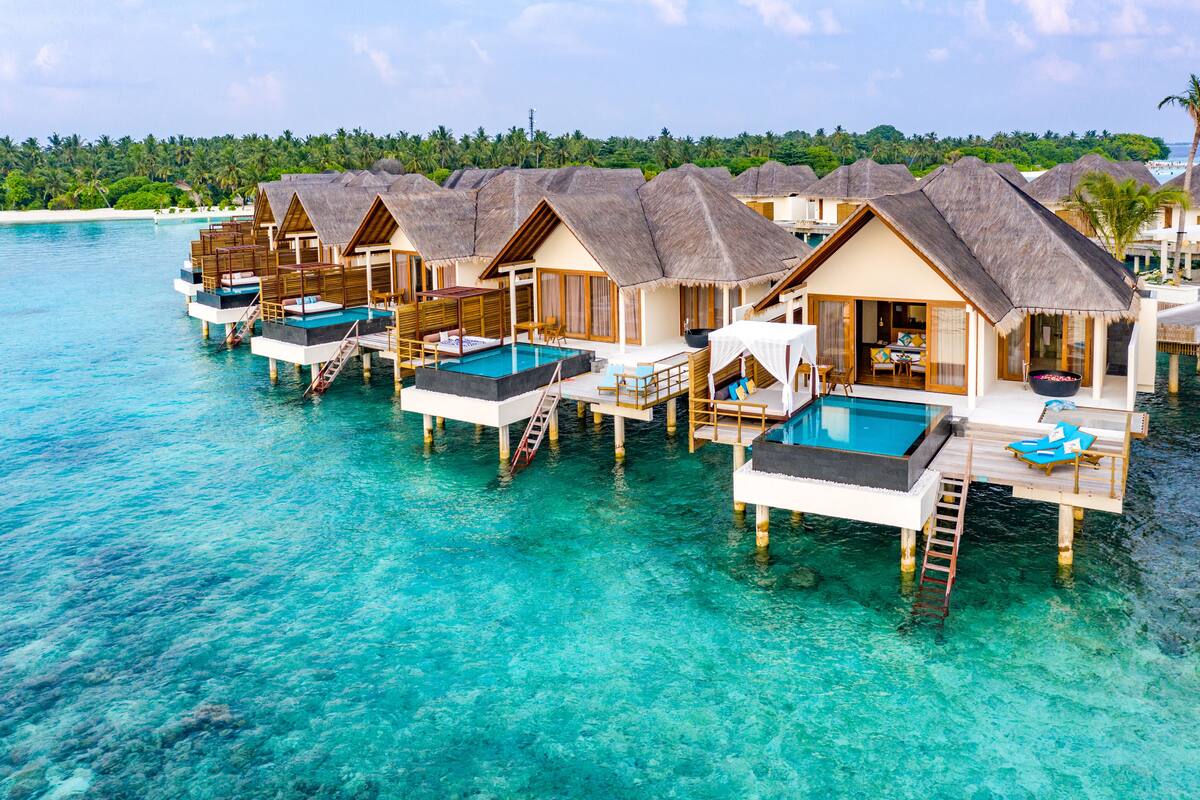 Overwater bungalows with private pools, wooden walkways, and a clear view of the ocean and palm trees.