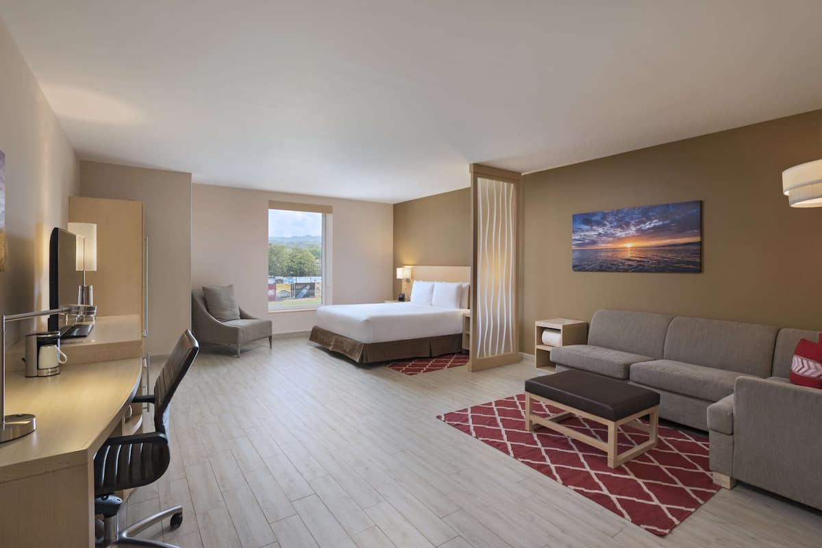 A hotel room with a bed, a sofa, a desk with a chair, a TV, and a painting of a sunset.