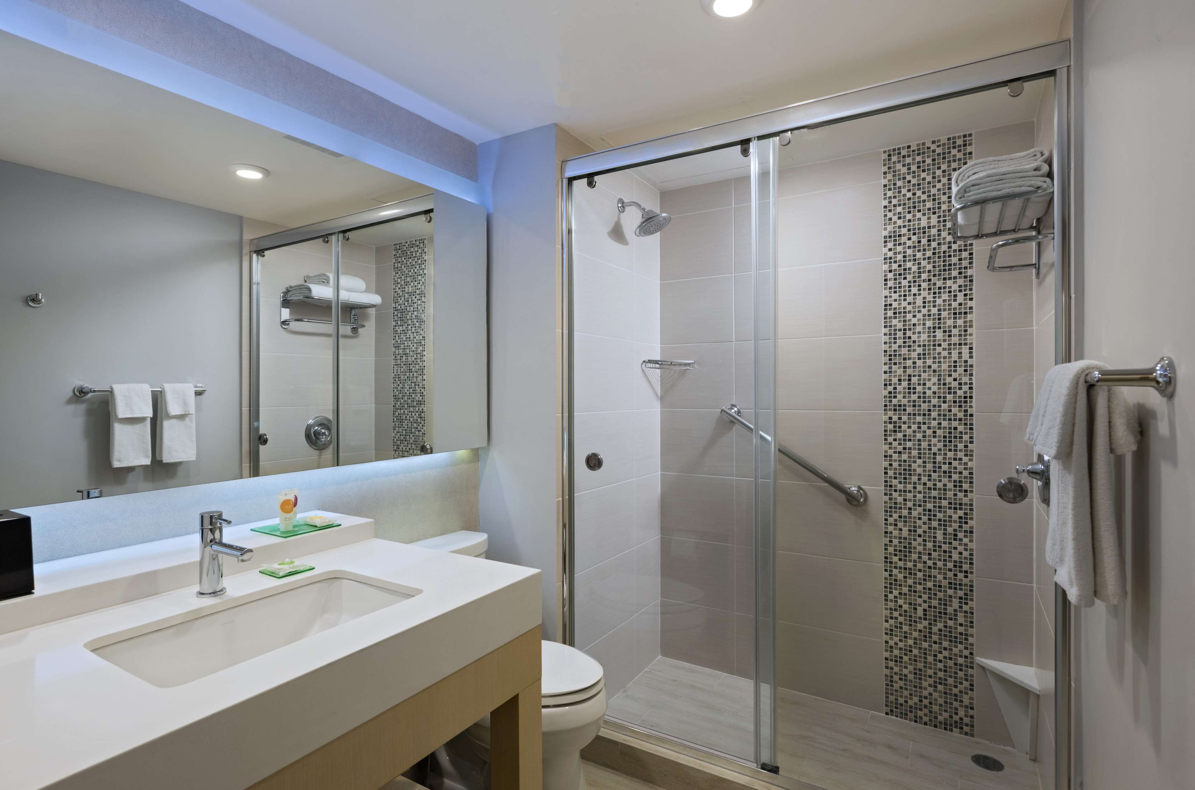 shower, designer toiletries, hair dryer, towels