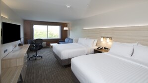 Habitación de hotel con dos camas, un escritorio con ordenador, televisión y ventana con vistas a zonas verdes.