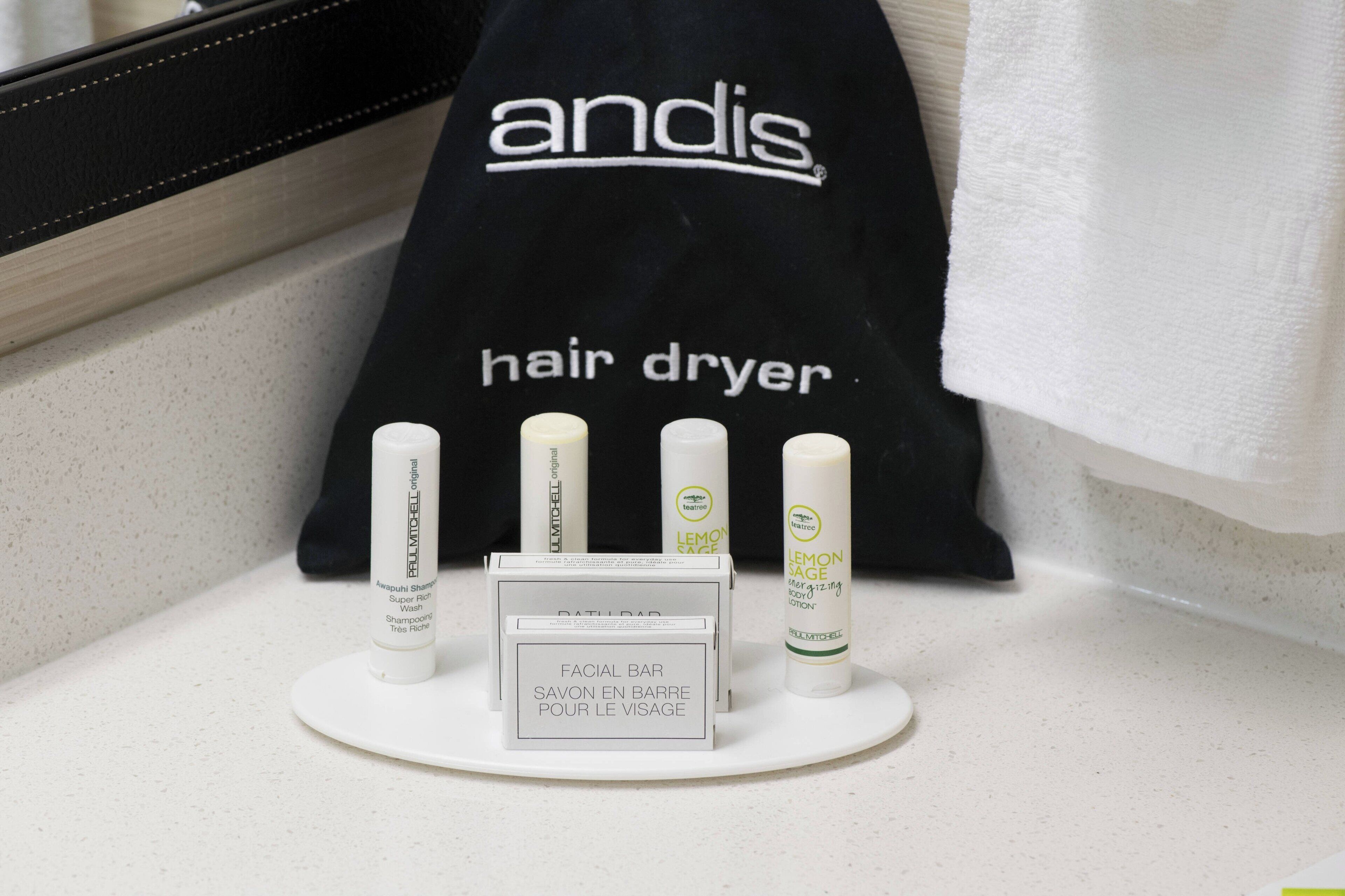 designer toiletries, hair dryer, towels