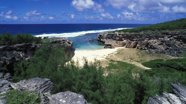 A coastal landscape with rocky terrain, a sandy beach, and dense greenery. - Le Flamboyant Hotel (Rodrigues Island)