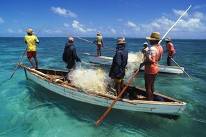 A group of people in a small boat on clear blue water. - Le Flamboyant Hotel (Rodrigues Island)