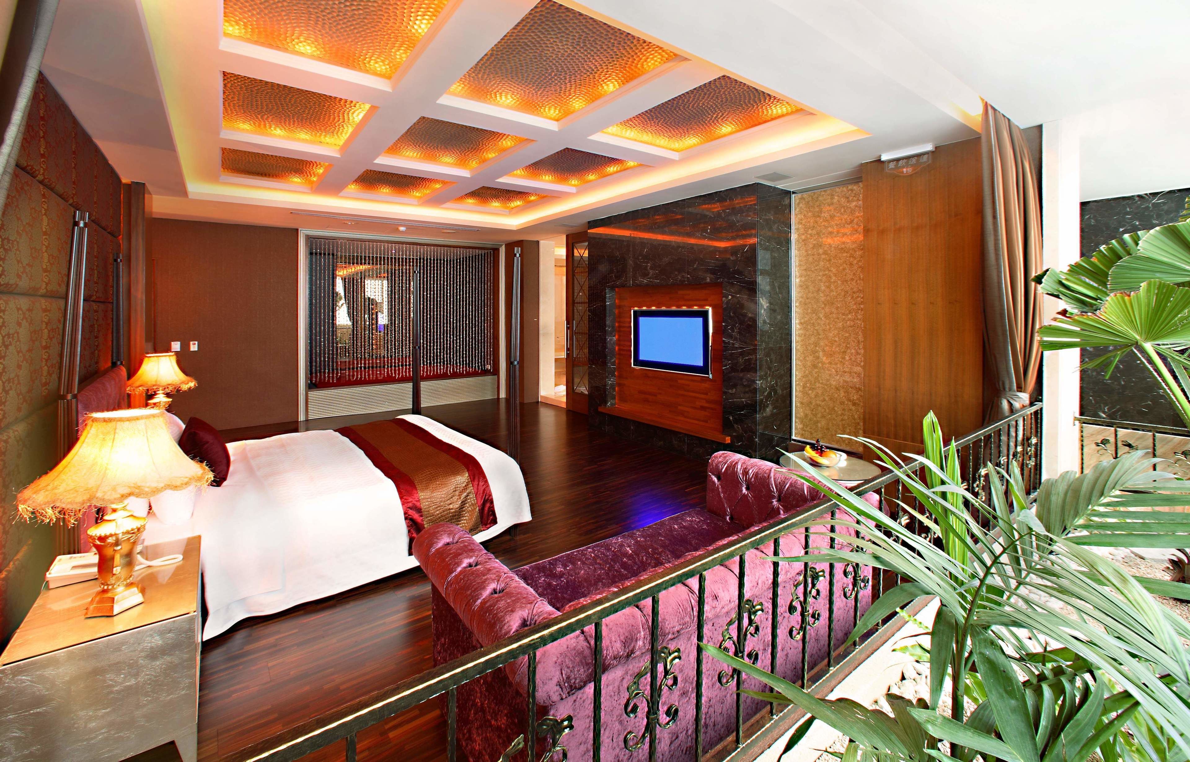 A hotel room with a bed, a TV, a balcony with a railing, and a large plant.