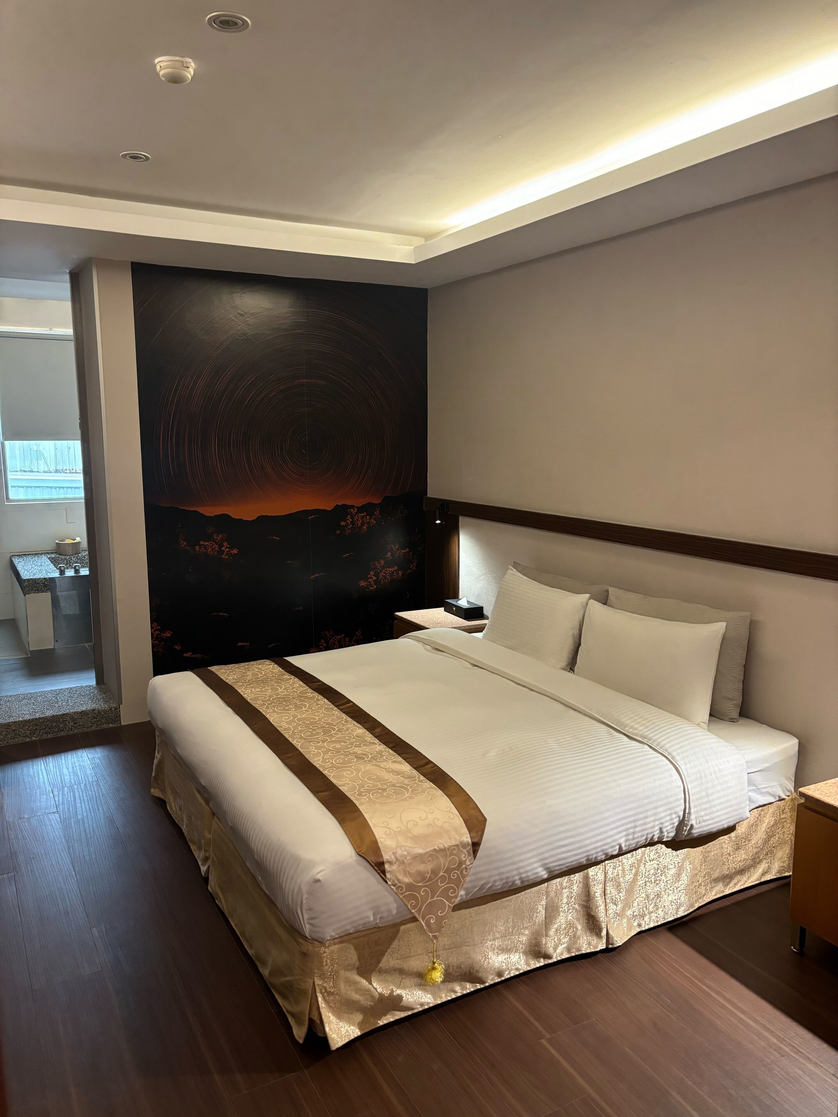 A modern hotel room with a large bed, a nightstand, a wall-mounted TV, and a view of the outdoors.