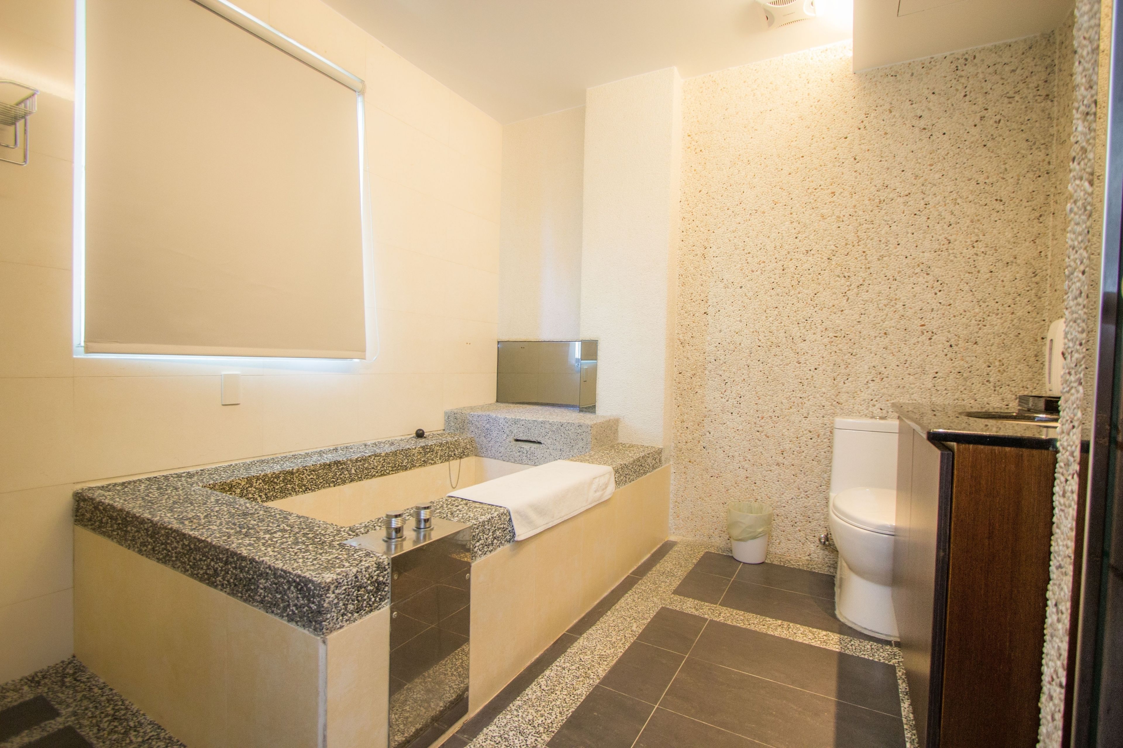 A bathroom with a granite countertop, a mirror, a toilet, and a sink.