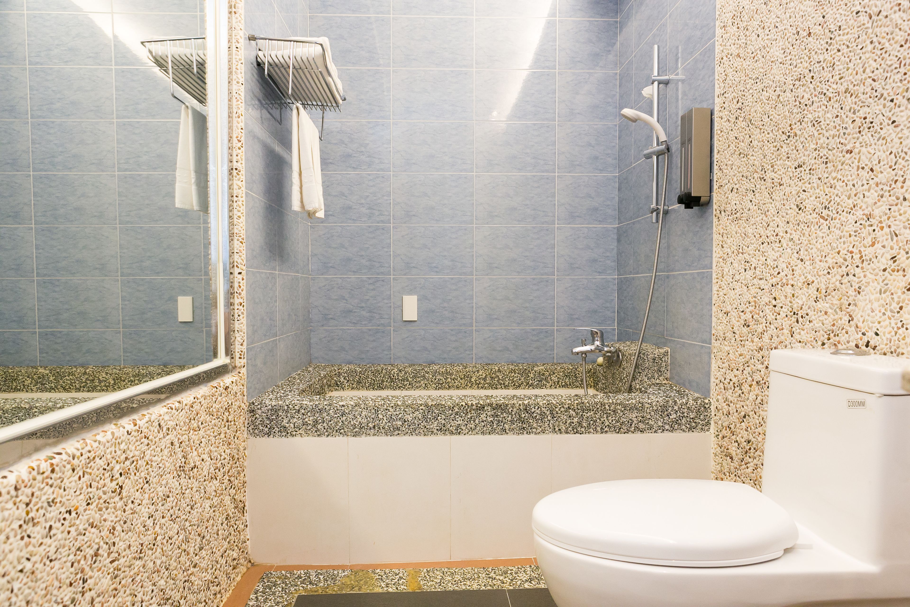Een badkamer met een bad, toilet en douche.