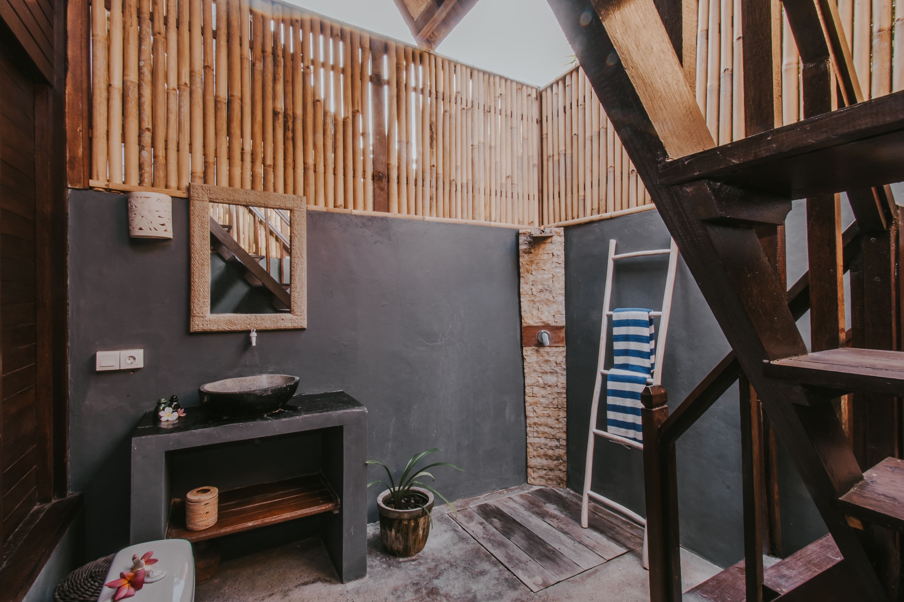 shower, rainfall showerhead, hair dryer, towels