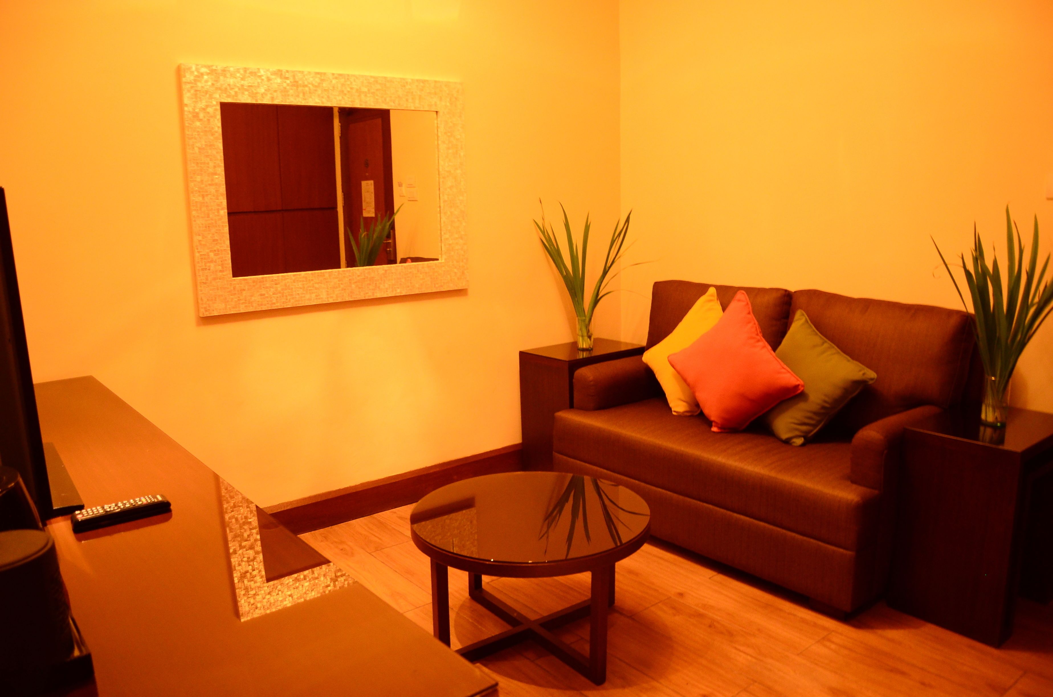 A living room with a brown sofa, a glass coffee table, a remote control, and two potted plants.