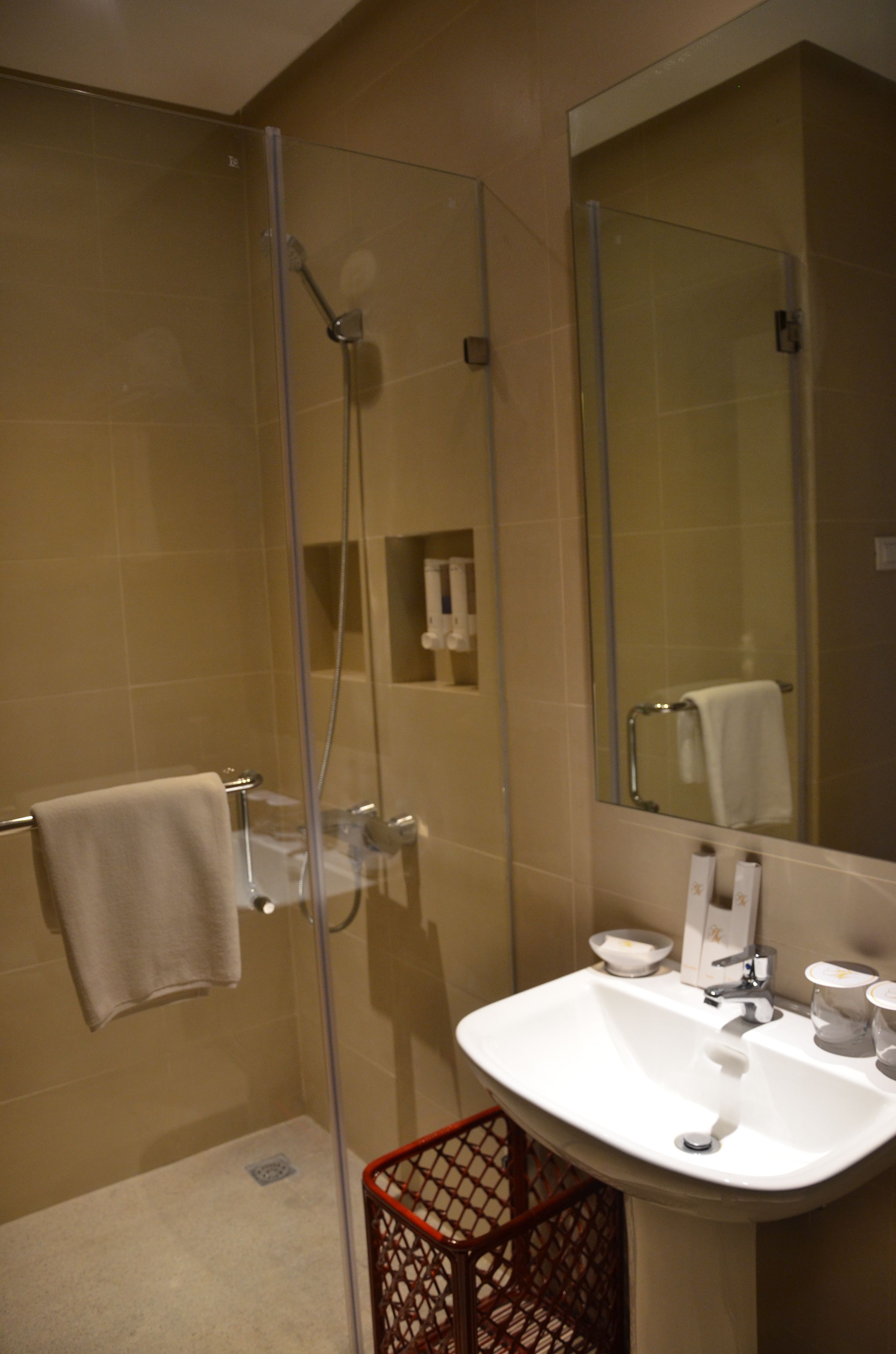 Un baño con ducha envuelta en vidrio, un lavabo blanco y un espejo.