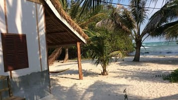 Une maison de plage avec un toit de chaume, un petit palmier et une plage de sable.