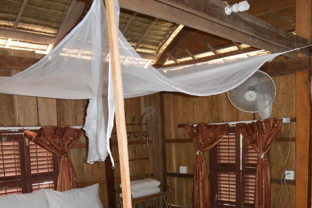 Une pièce en bois avec un lit, un ventilateur et une moustiquaire.