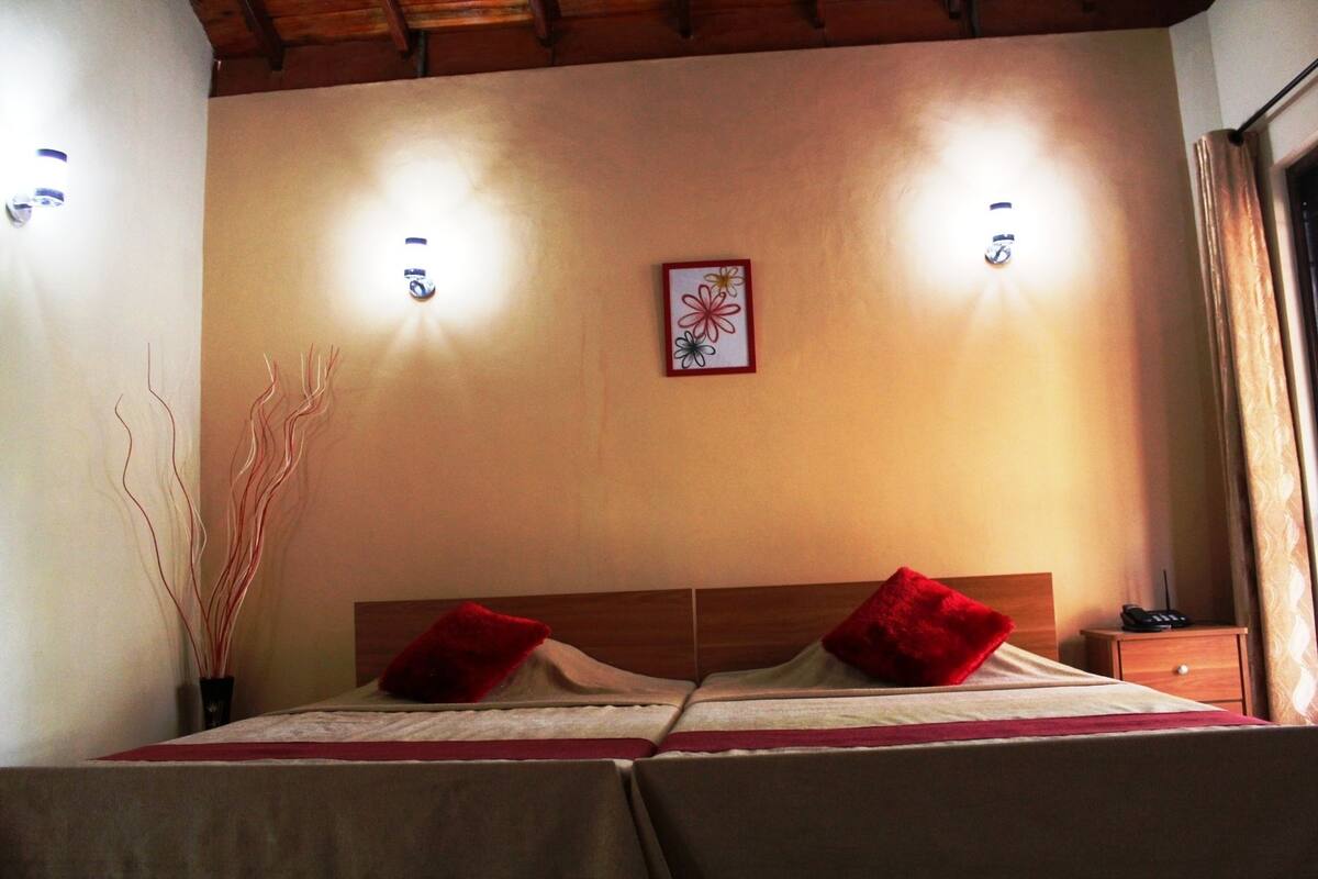 Una habitación de hotel con cama, dos almohadas rojas, una mesita de noche, una lámpara y un cuadro colgado en la pared.