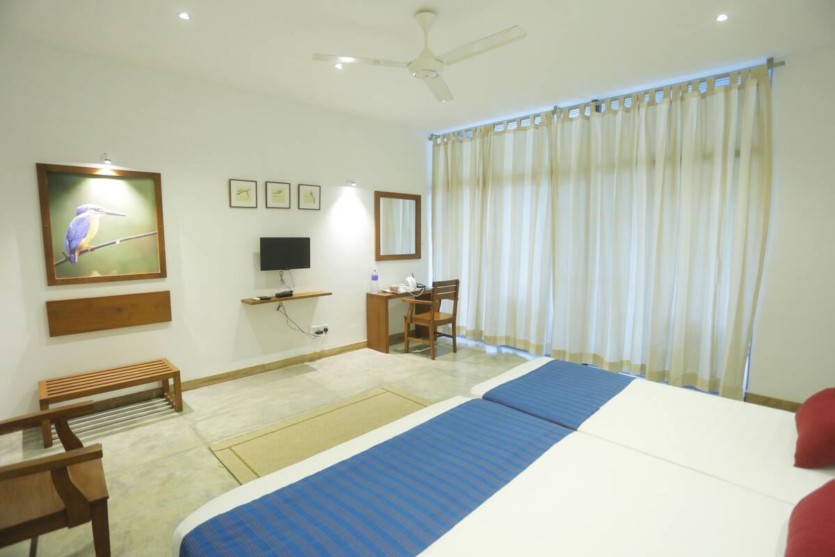 Habitaci ón de hotel con cama, escritorio, silla, televisor y ventilador de techo.