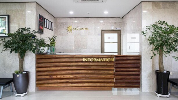 A reception desk with a wooden finish and the word "INFORMATION" on it. There are two potted plants on either side of the desk. - Ra Hotel (Jeju City)