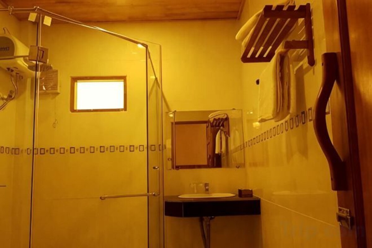 Shower, free toiletries, hair dryer, slippers