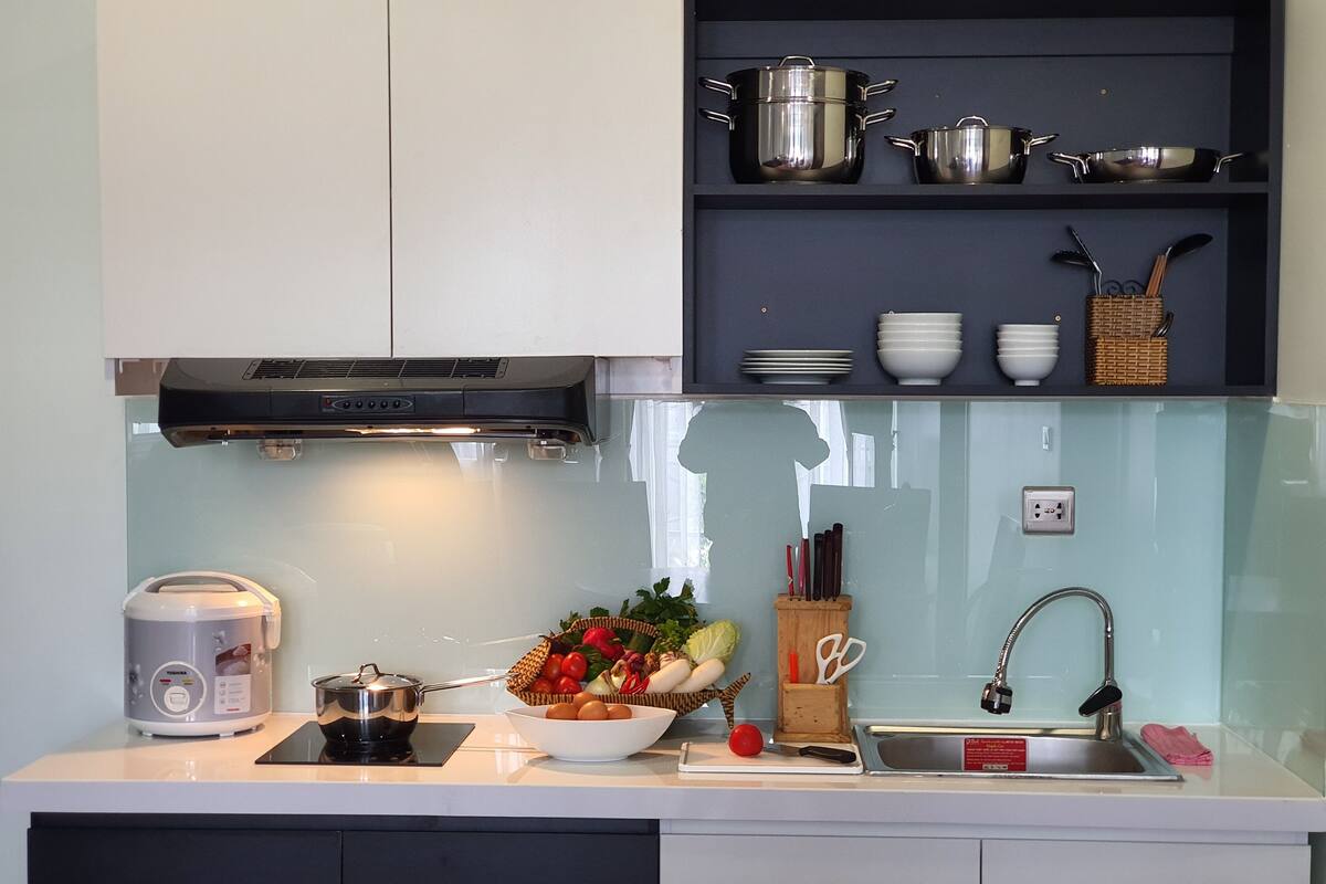 studio suite super king and bunk bed, balcony, garden view | private kitchenette | fridge, high chair