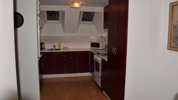 A compact kitchen with dark cabinets, a microwave, and a stove. There is a window above the sink and a small skylight.