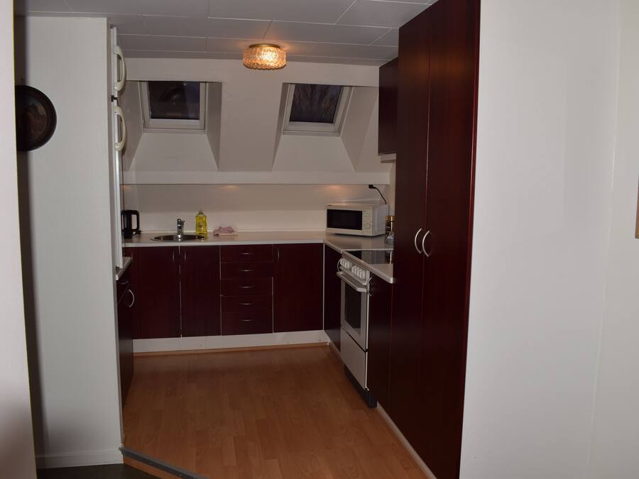 A compact kitchen with dark cabinets, a microwave, and a stove. There is a window above the sink and a small skylight.