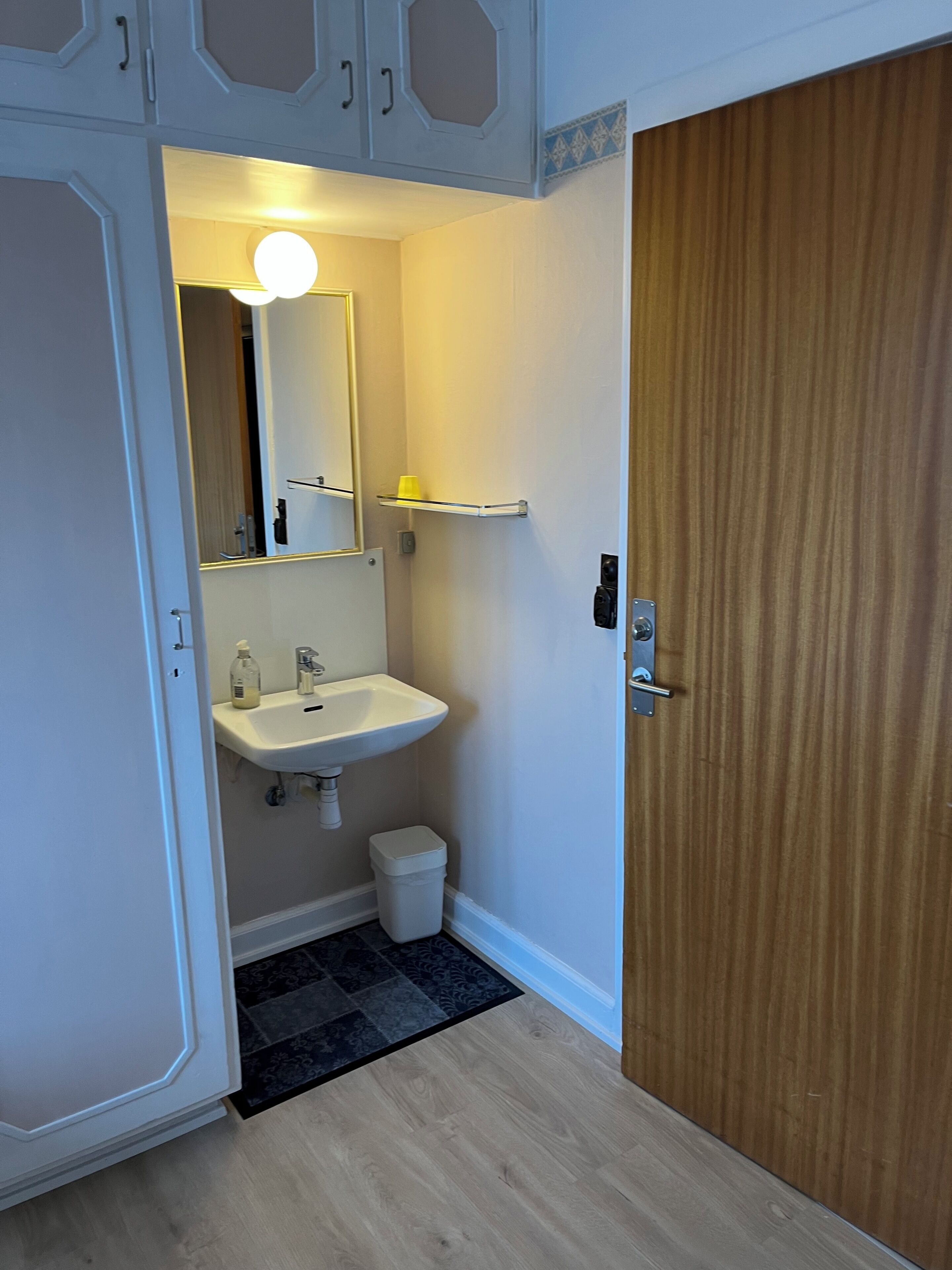 A bathroom with a white sink, mirror, and a wooden door.