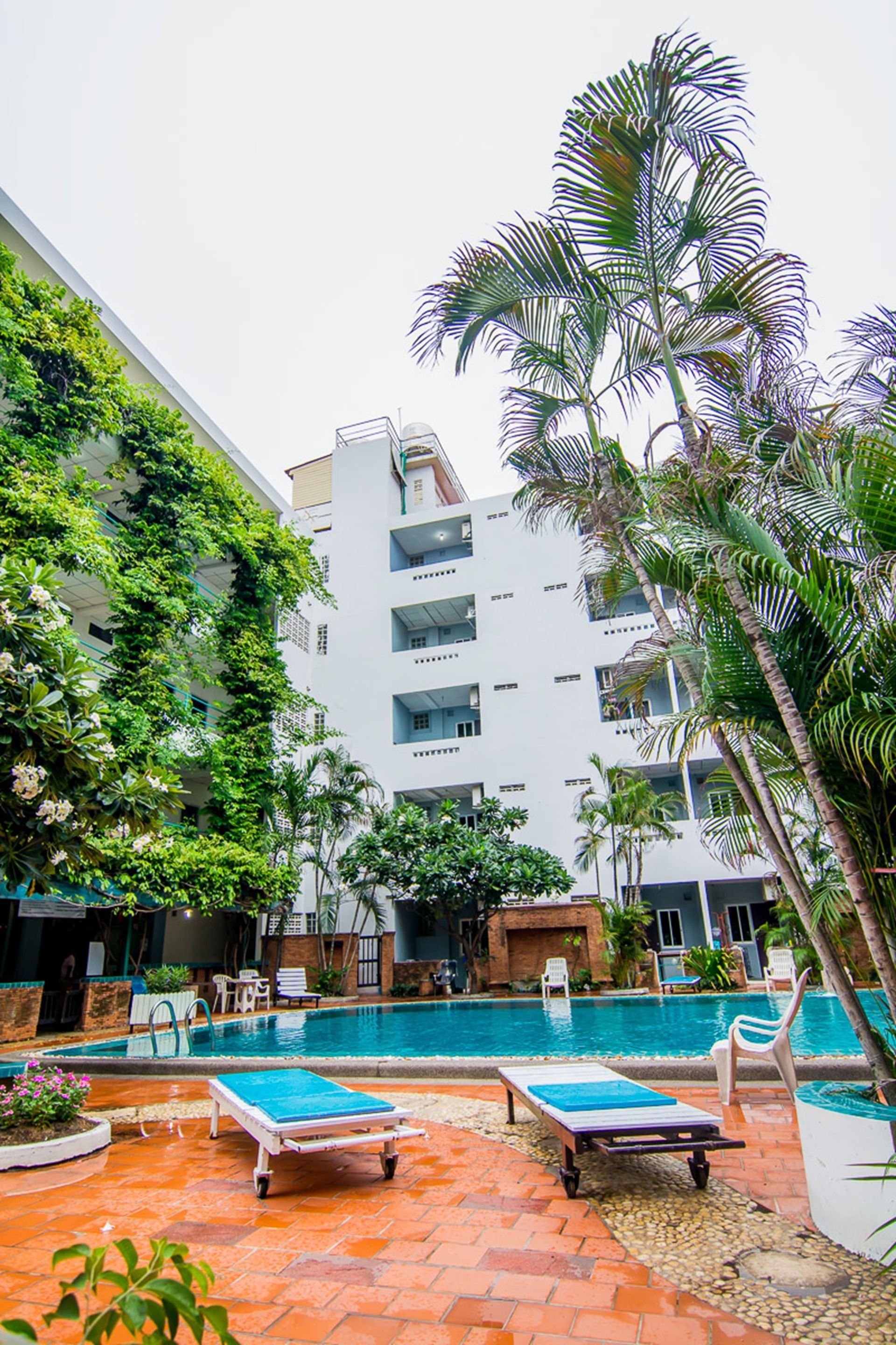 A hotel with a swimming pool, lounge chairs, and palm trees.