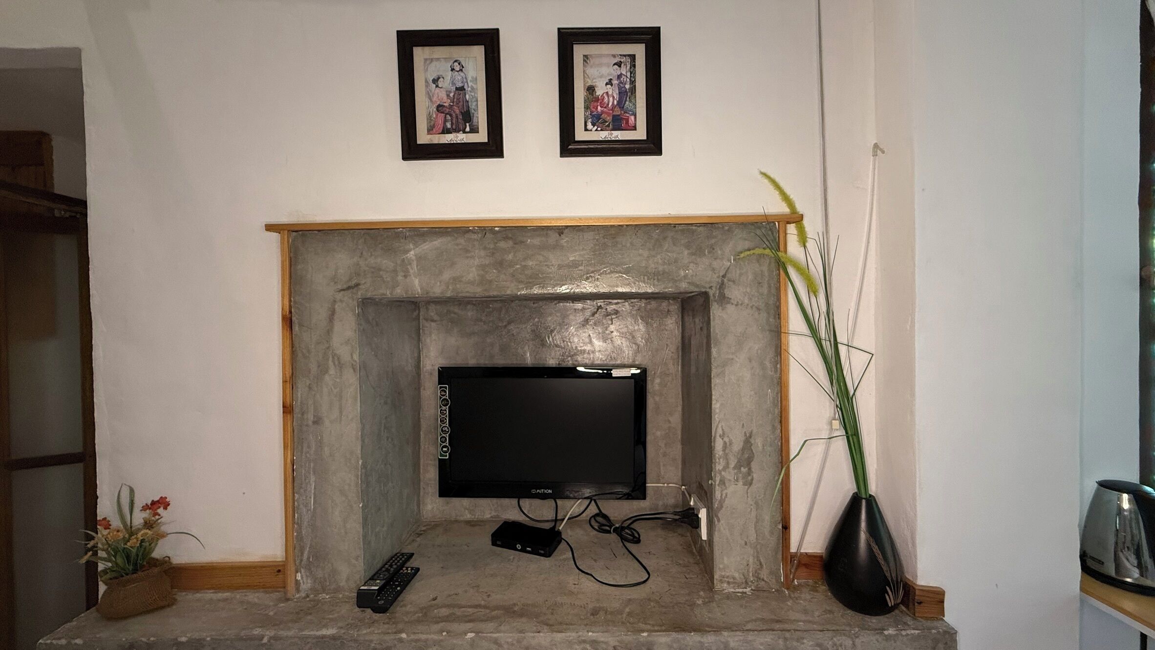 A living room with a fireplace, a television, and a vase with plants.