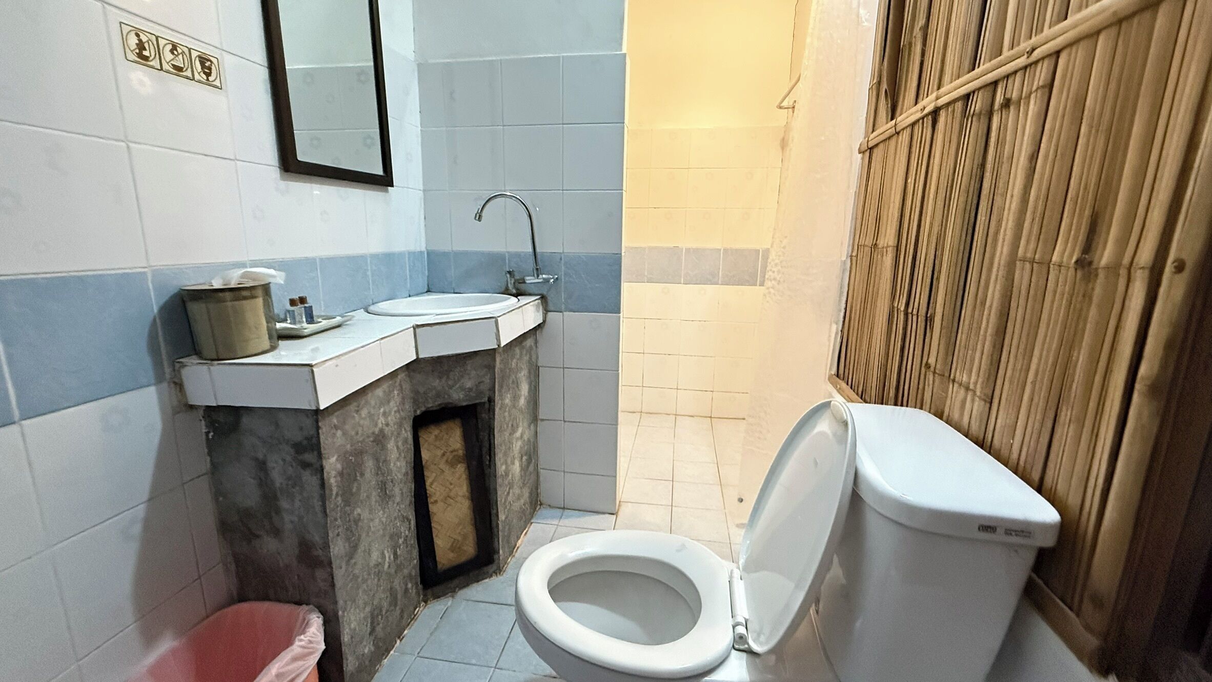 A small bathroom with a toilet, sink, and mirror.