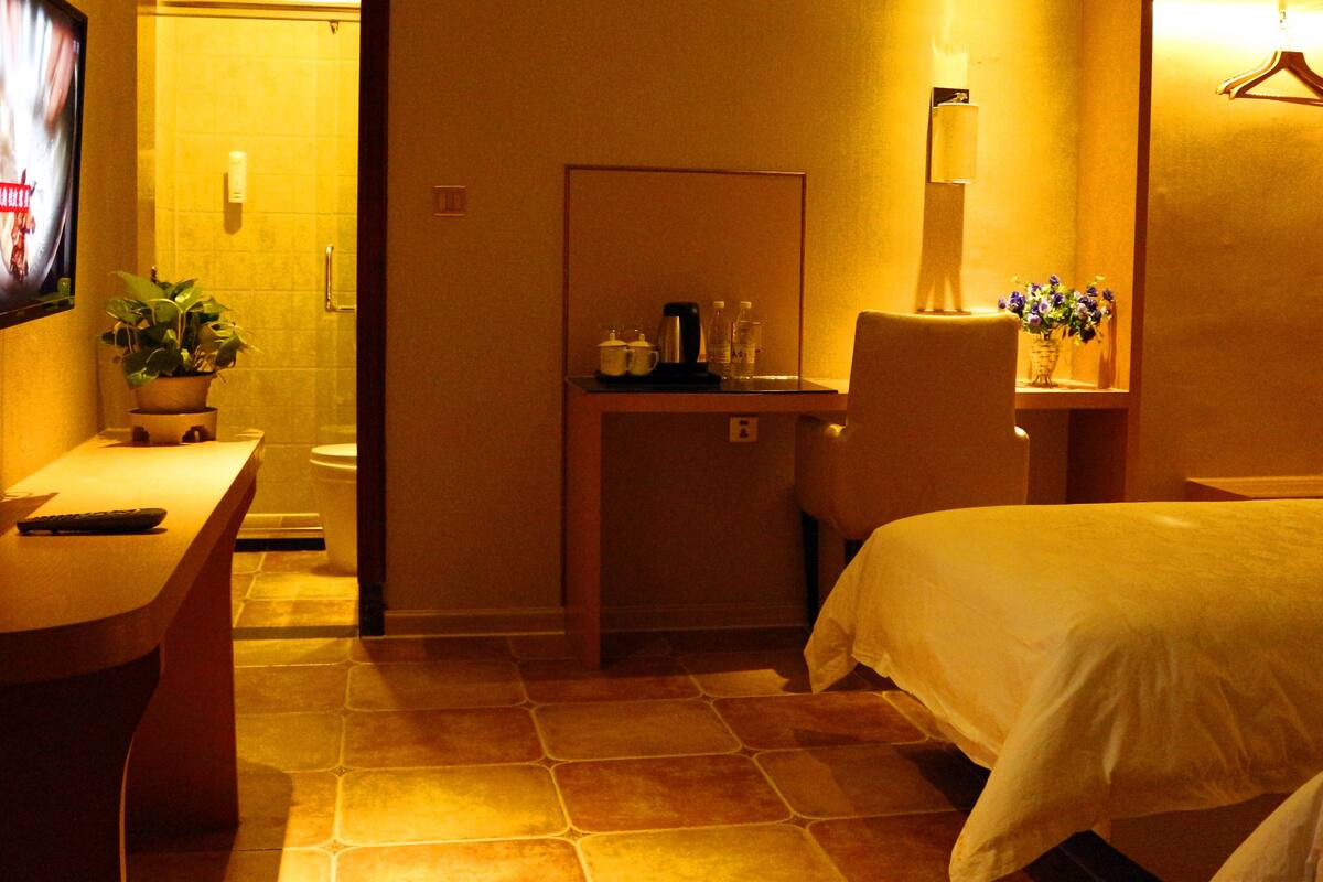 A hotel room with a bed, a desk, a chair, a small table with a plant, a mirror, and a hanging coat rack.