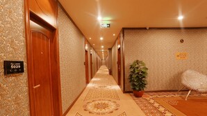 Un couloir d’hôtel avec un tapis à motifs, des portes en bois et une plante en pot.