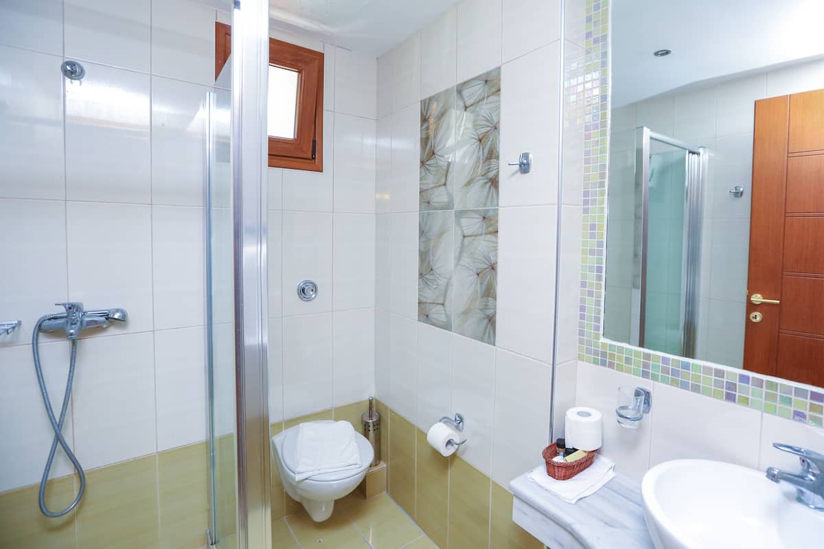 Une salle de bain avec une douche à parois de verre, des toilettes et un lavabo avec un miroir au-dessus.