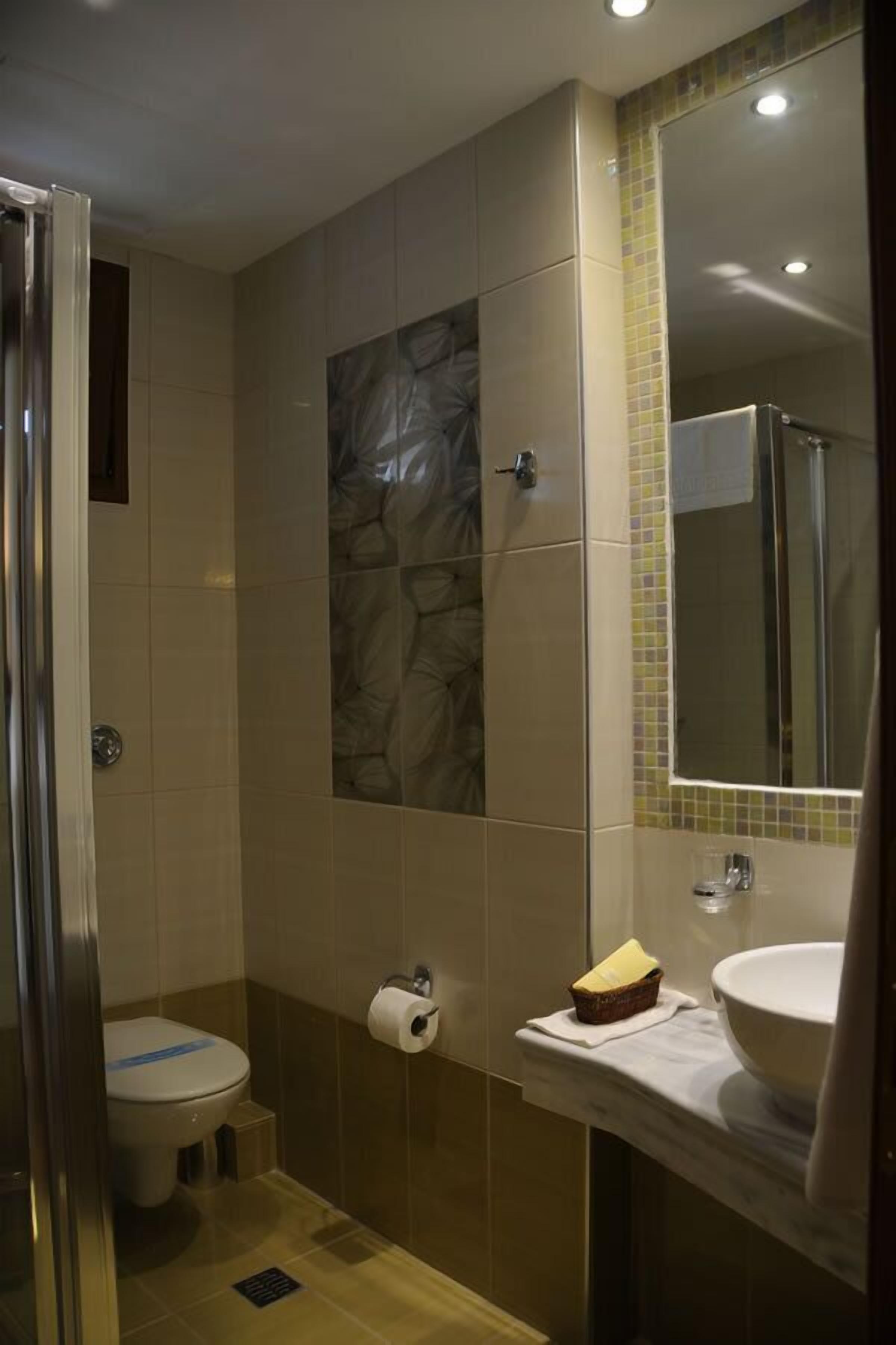 A bathroom with a toilet, a sink, and a mirror.