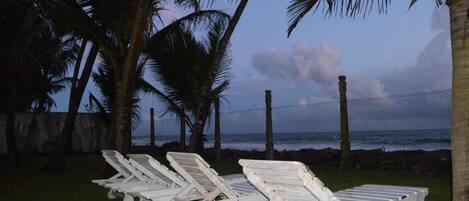 A row of white lounge chairs on a grassy area with a view of the ocean and palm trees.