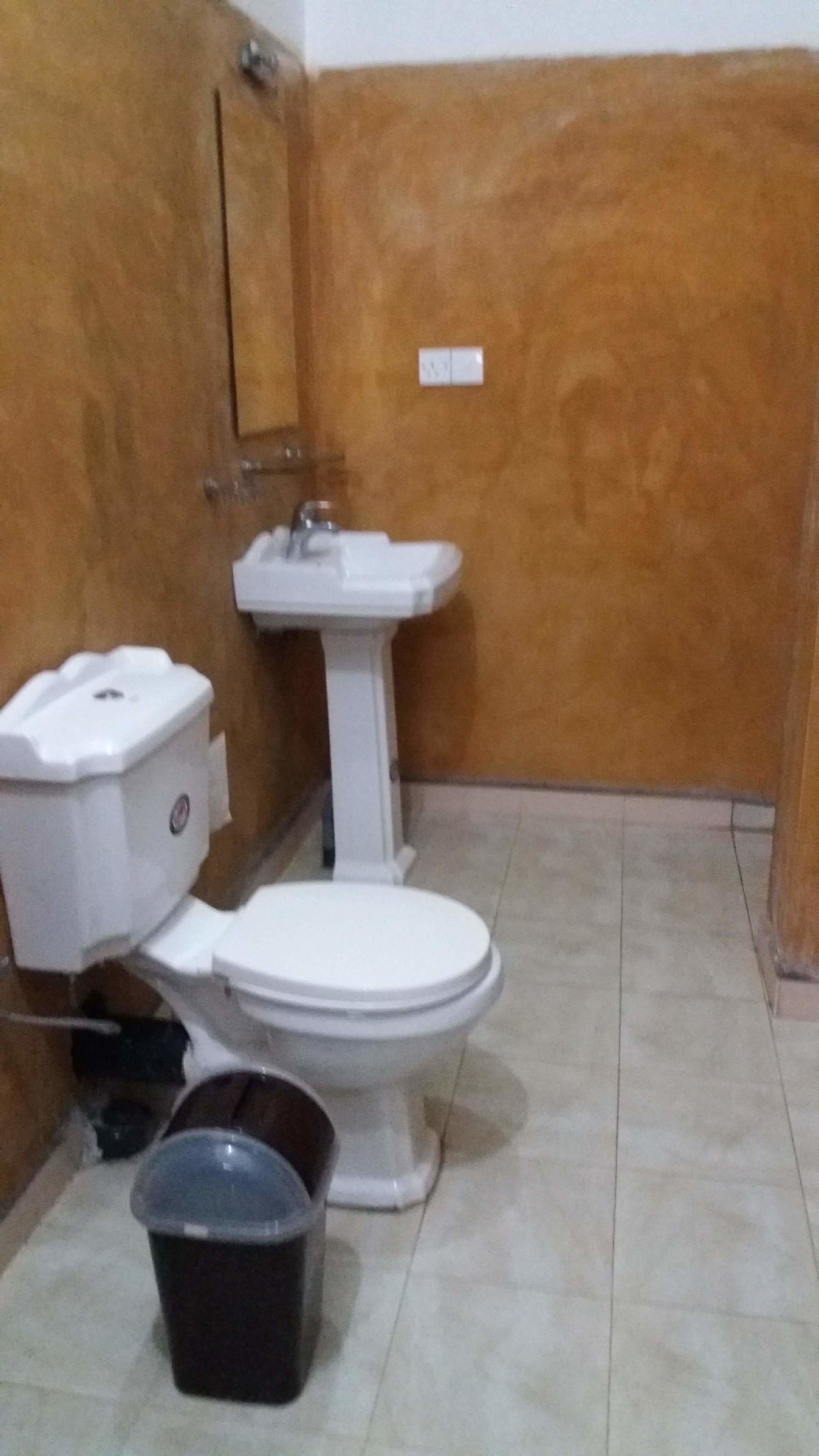 Een kleine badkamer met toilet, wastafel en een prullenbak.
